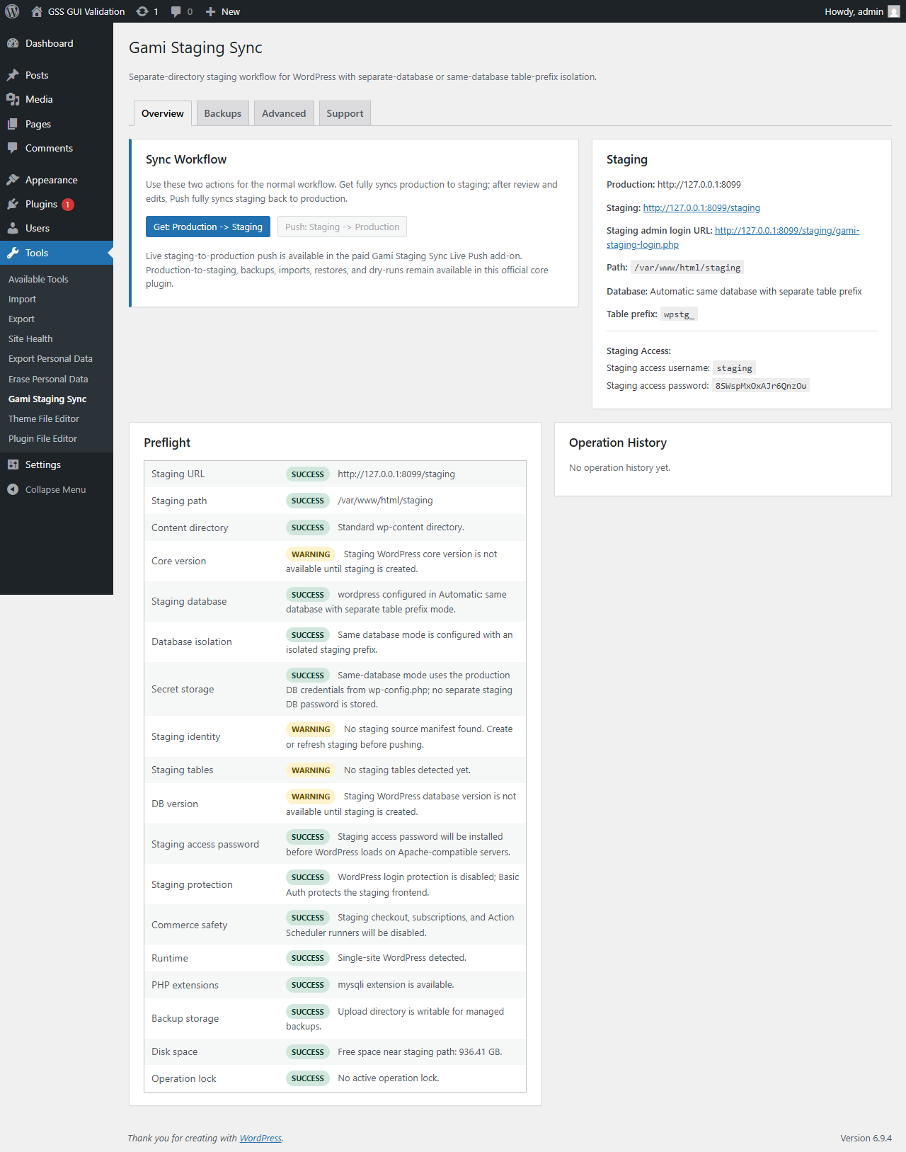 Gami Staging Sync admin workflow preview