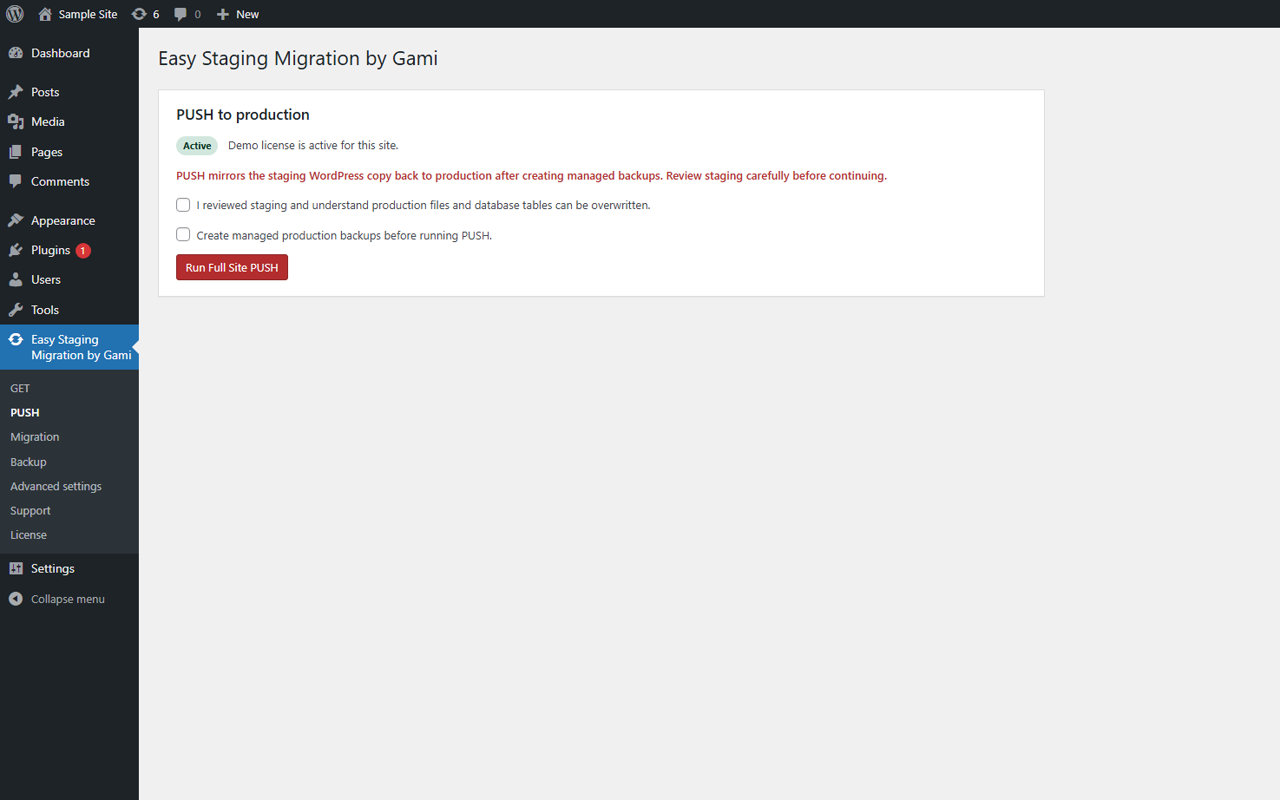 Dedicated full-site workflow in the Live Push add-on
